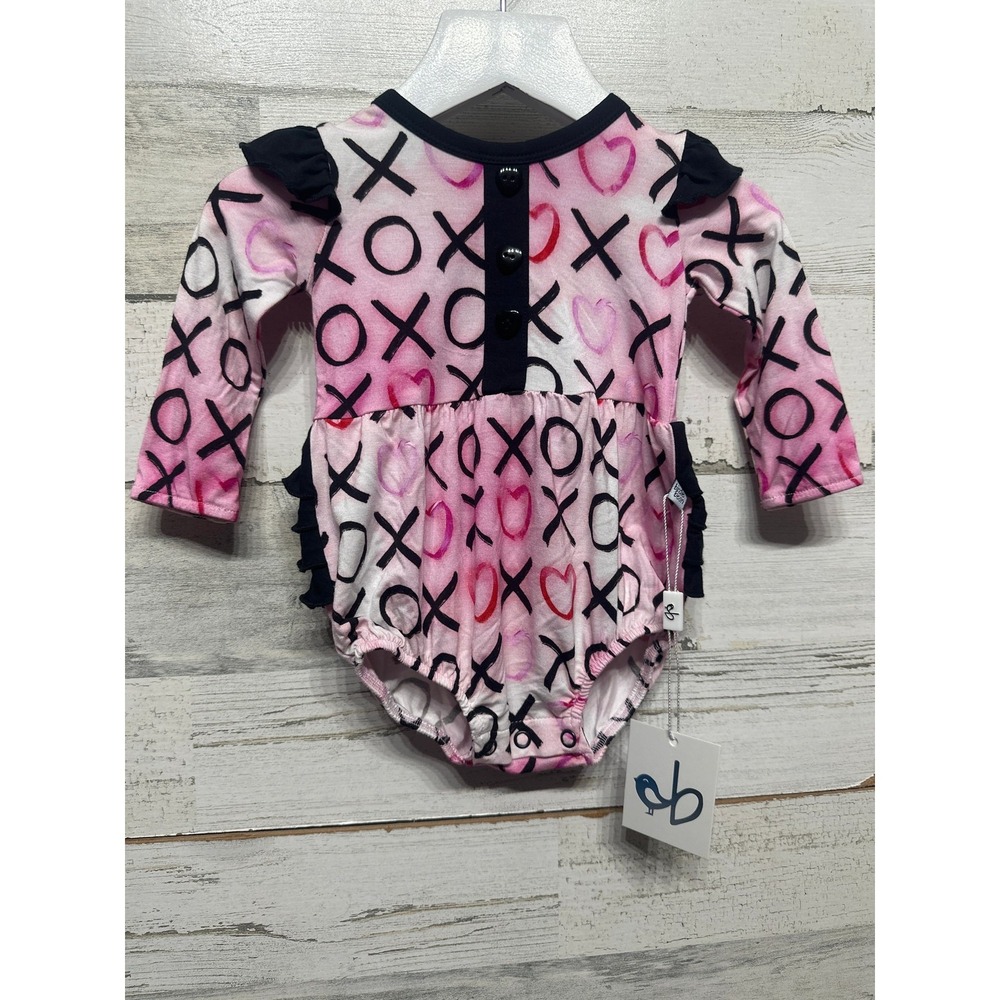 Birdie Bean Romper Baby Girls 0-3m Pink XOXO Heart Ruffle Bamboo NWT‎